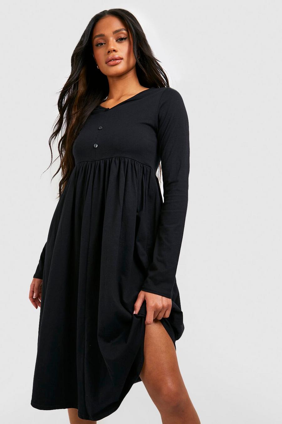 Black noir Cotton Blend Long Sleeve Midi Tea Dress
