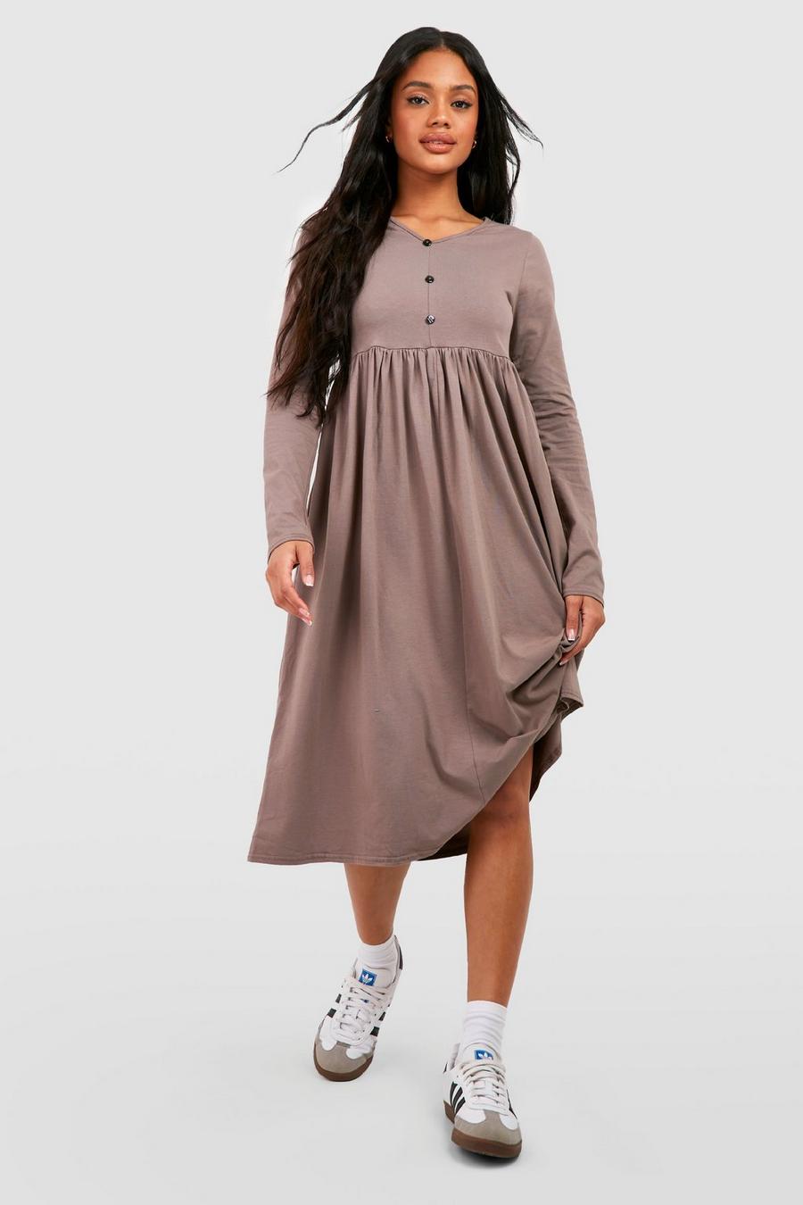 Mocha Cotton Blend Long Sleeve Midi Tea Dress image number 1