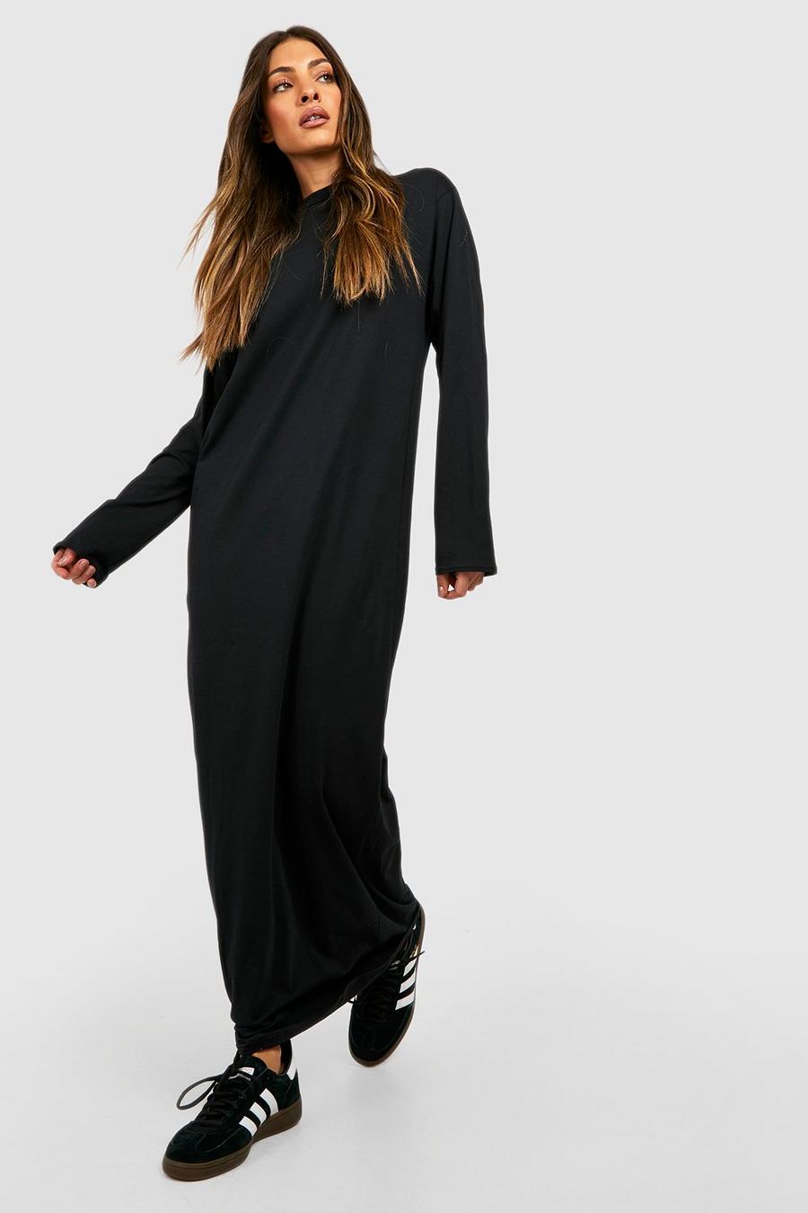 Black Cotton Blend Long Sleeve Maxi T-shirt Dress image number 1