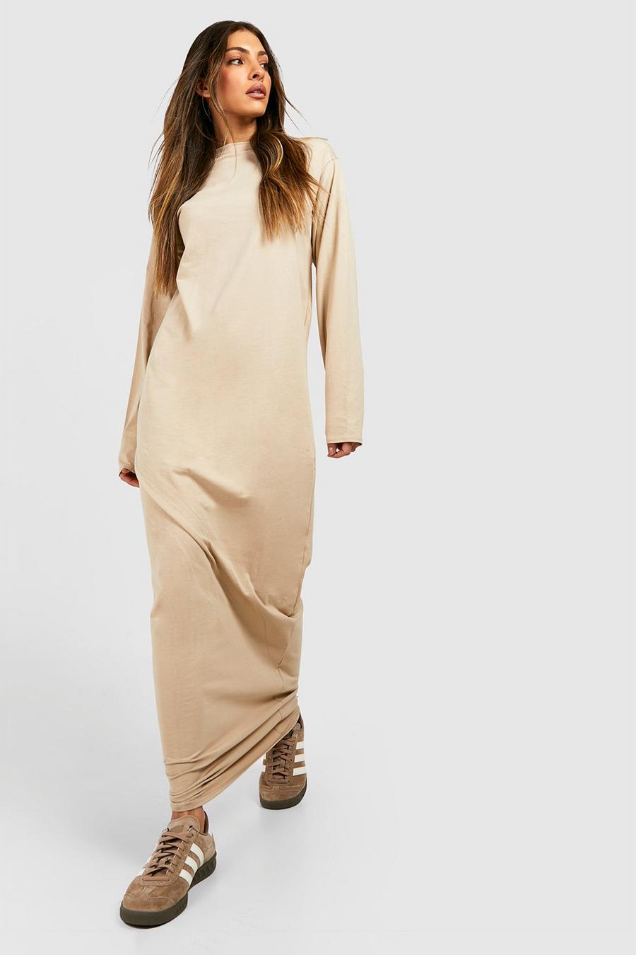 Sand Cotton Blend Long Sleeve Maxi T-shirt Dress image number 1