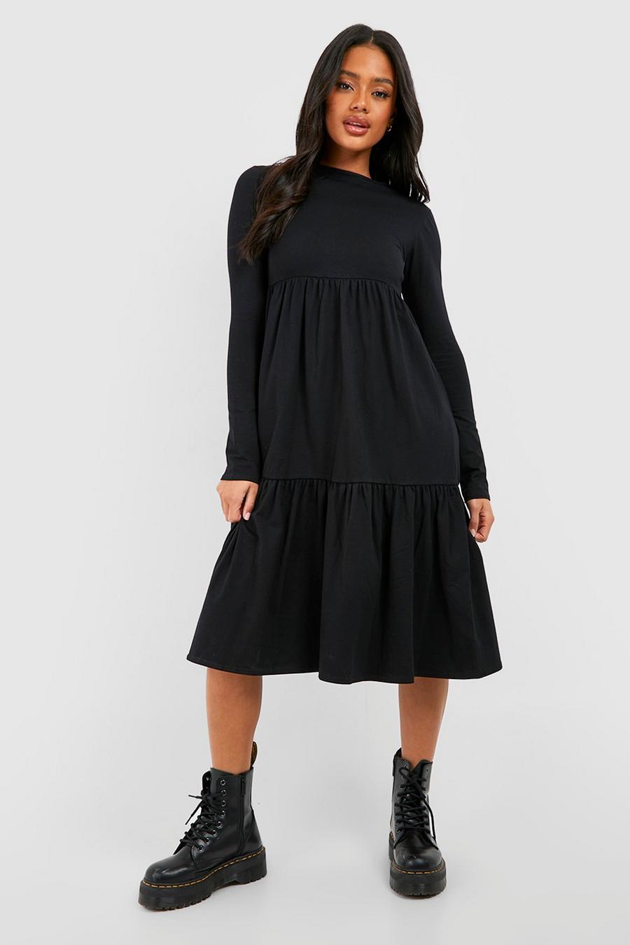 Black Cotton Blend Tiered Midi Dress image number 1