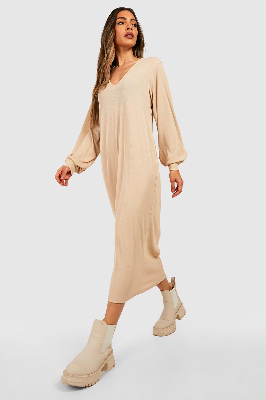 Stone Comfy V Neck Rib Midi Dress image number 1