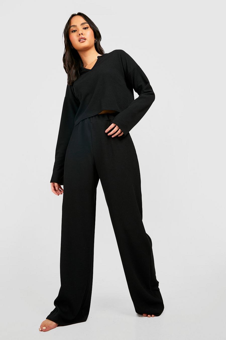 Black Textured Wide Leg Lounge Trousers  image number 1