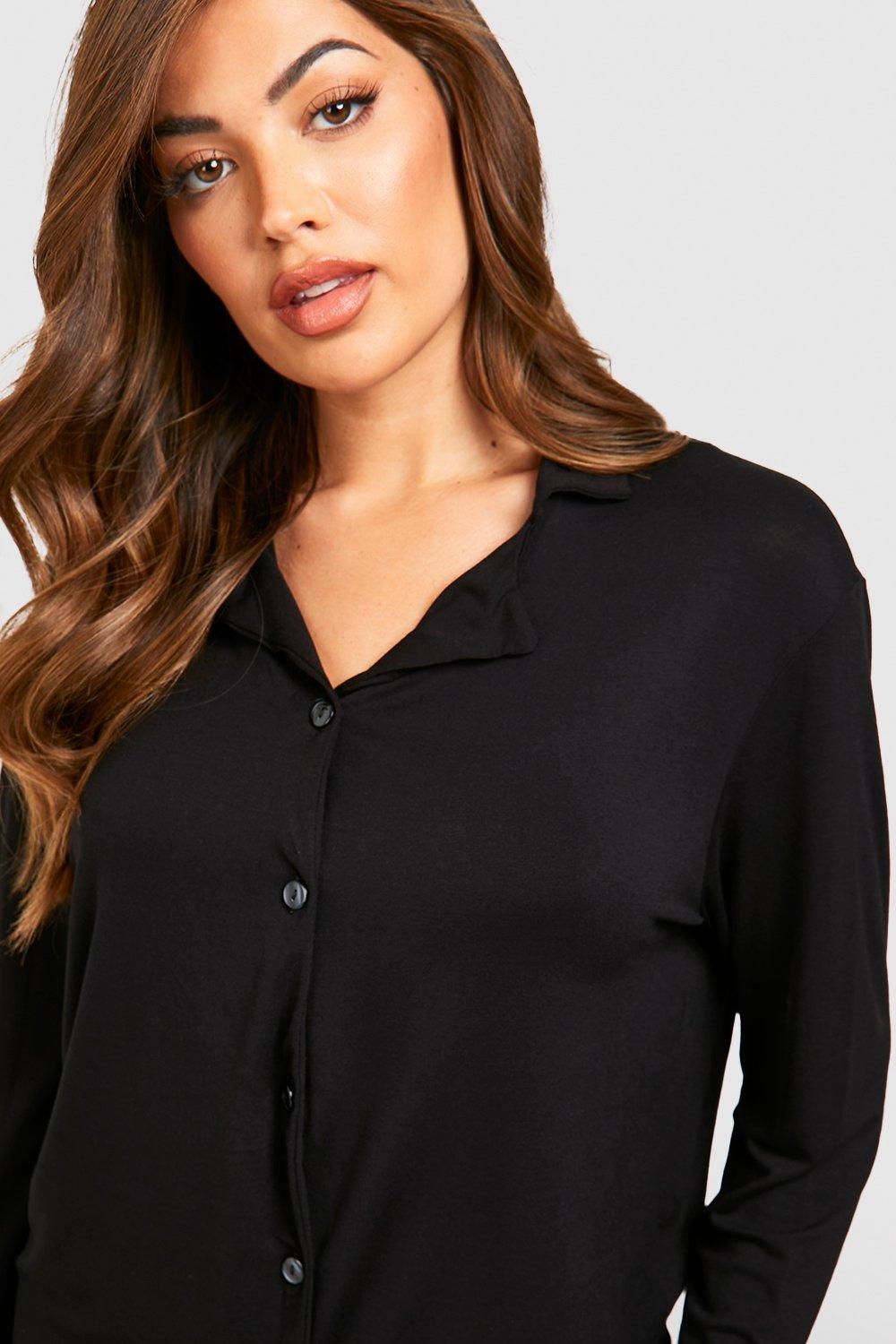 Boohoo Women s Jersey Long Sleeve Button Up Pj Shirt Black