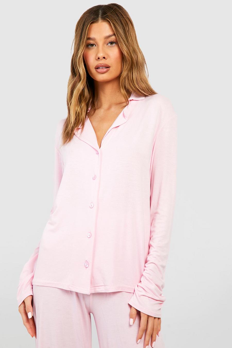 Pink Jersey Long Sleeve Button Up Pj Shirt  image number 1