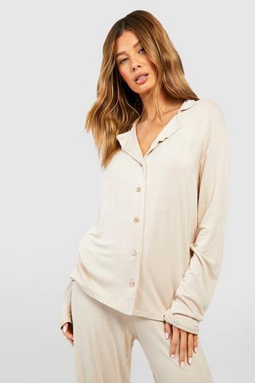 Jersey Pyjama Blouse Met Lange Mouwen En Knopen stone