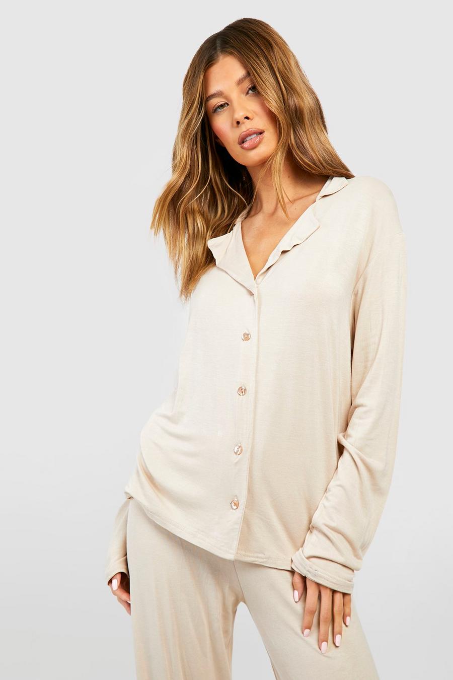 Stone beige Peached Jersey Long Sleeve Button Up Pj Shirt 