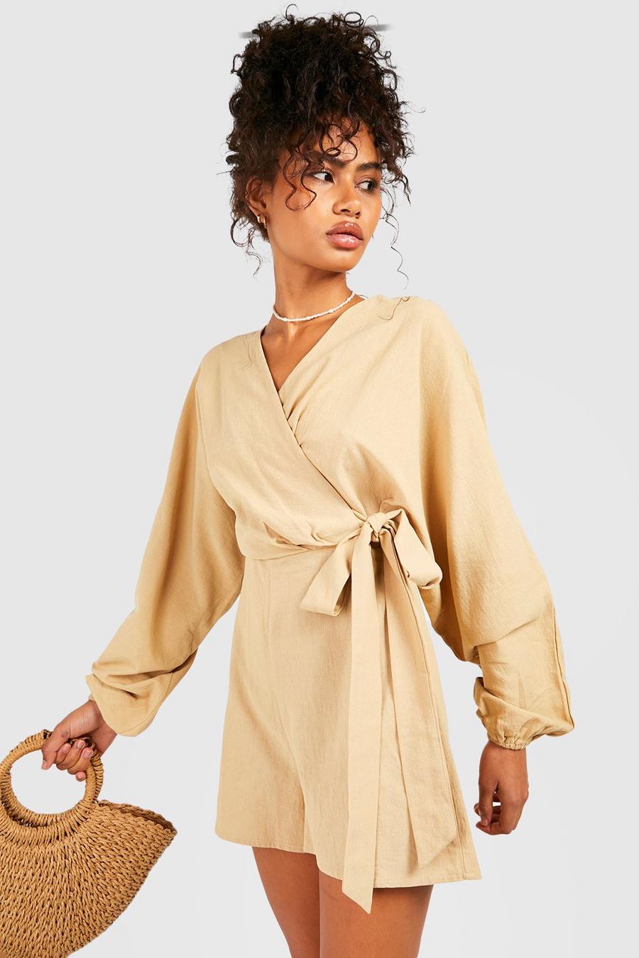 Stone Linen Wrap Over Tie Detail Playsuit image number 1