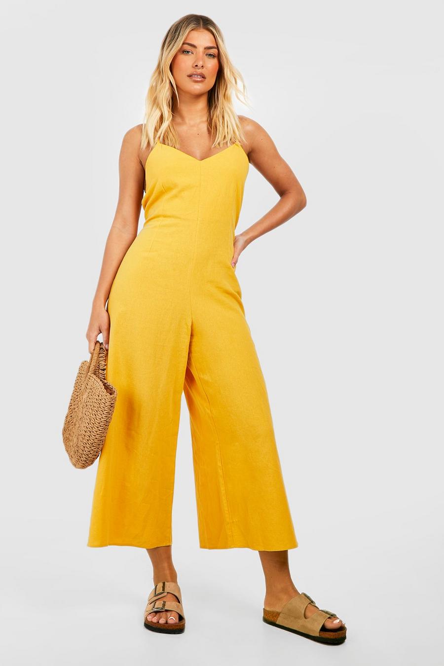 Yellow Linen Strappy Culotte Jumpsuit image number 1