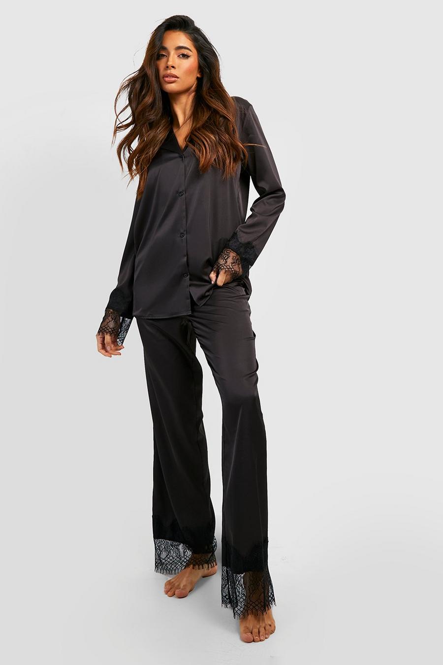 Black Oversized Lace & Satin Pj Trouser Set  image number 1