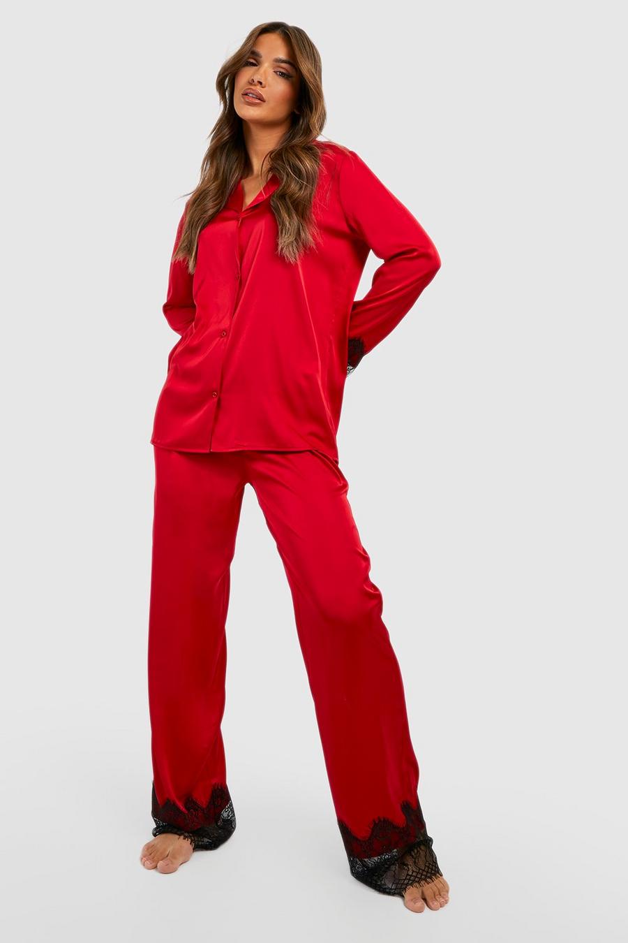 Red Oversized Lace & Satin Pj Pants Set image number 1