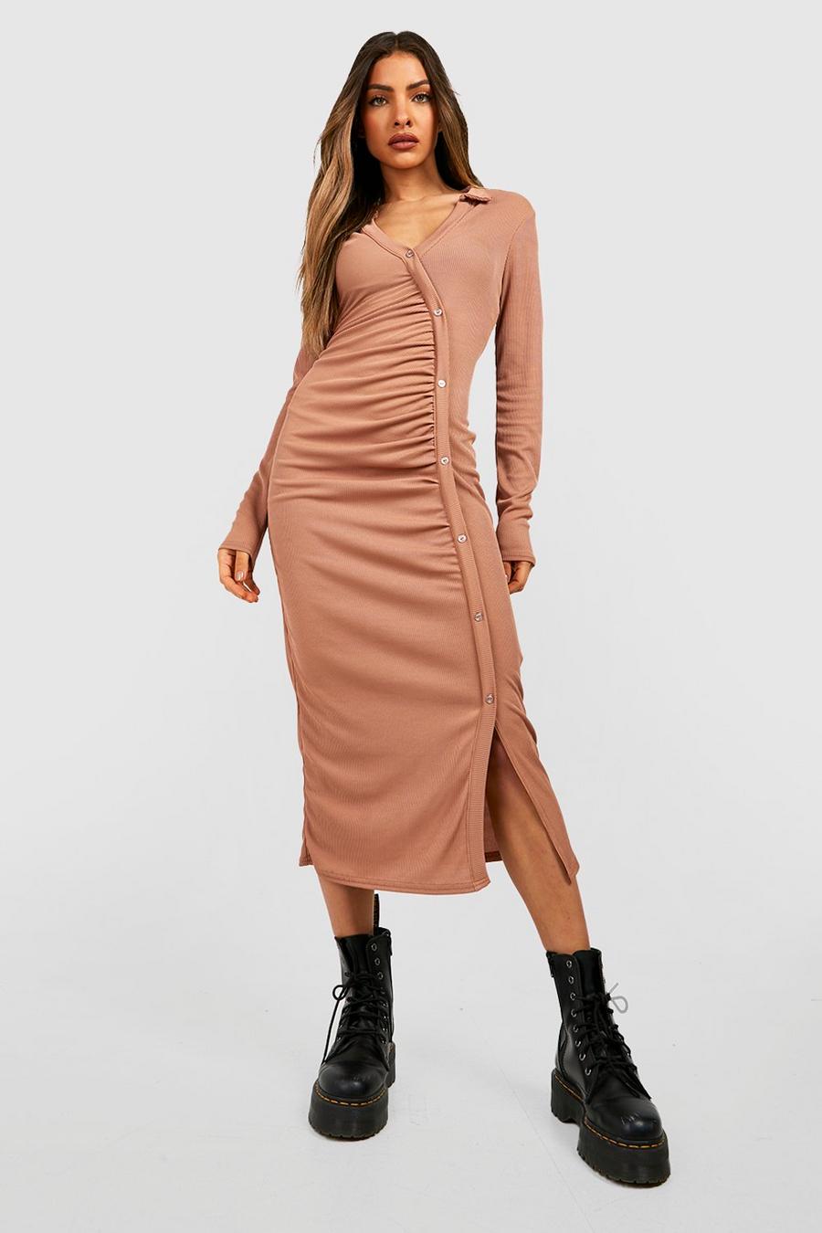 Camel beige Rib Button Front Midi Dress image number 1