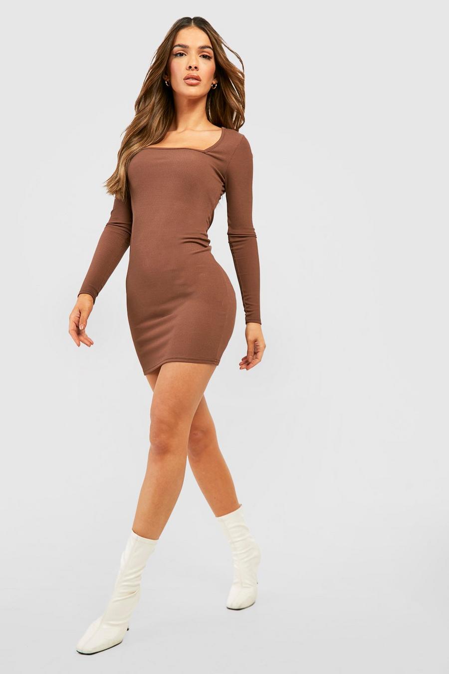 Chocolate brown Rib Square Neck Bodycon Dress image number 1