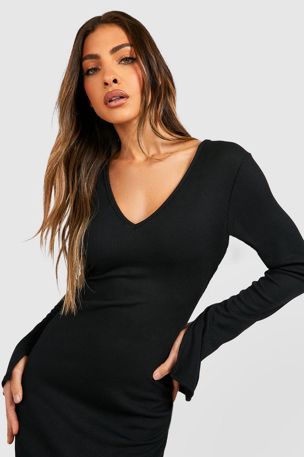Rib V Neck Side Split Midi Dress boohoo AU