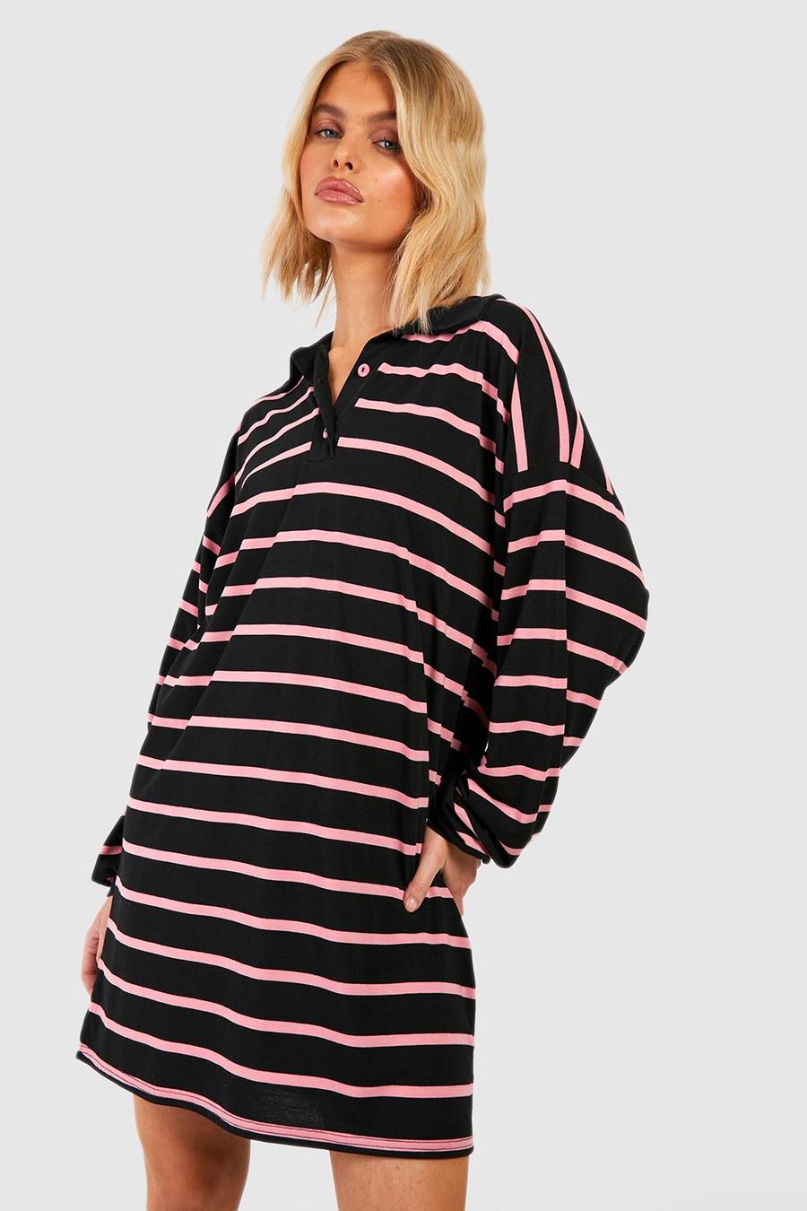Black Stripe Collar Oversized Jersey Knit T-Shirt Dress image number 1