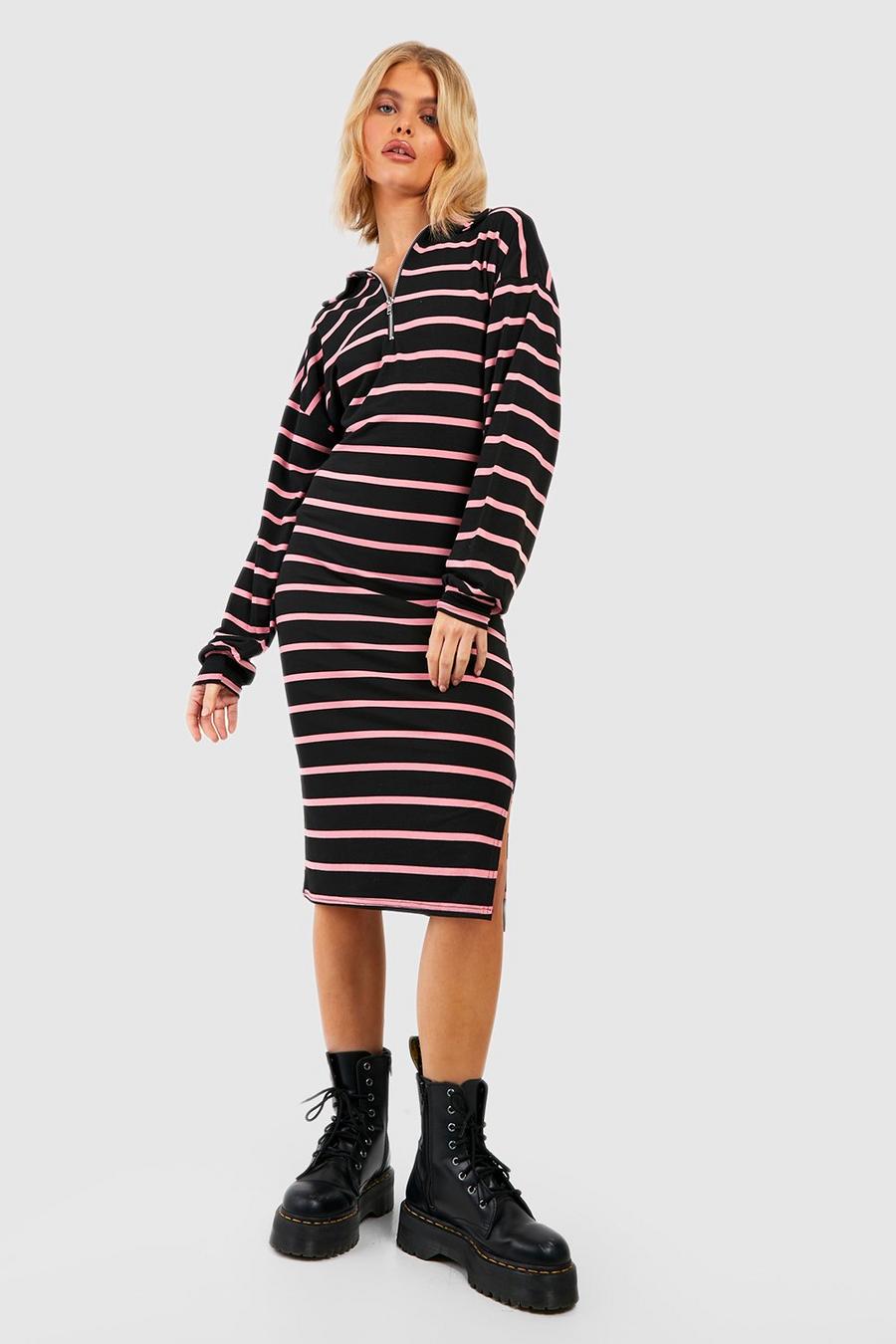 Black Jersey Knit Stripe Half Zip Collar Midi Dress image number 1