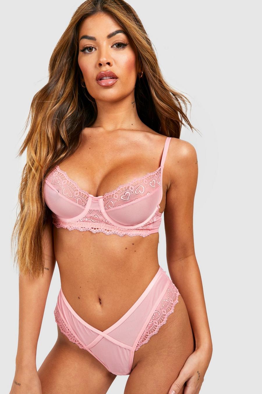 Plus Pink Heart Embroidered Lingerie Corset Set