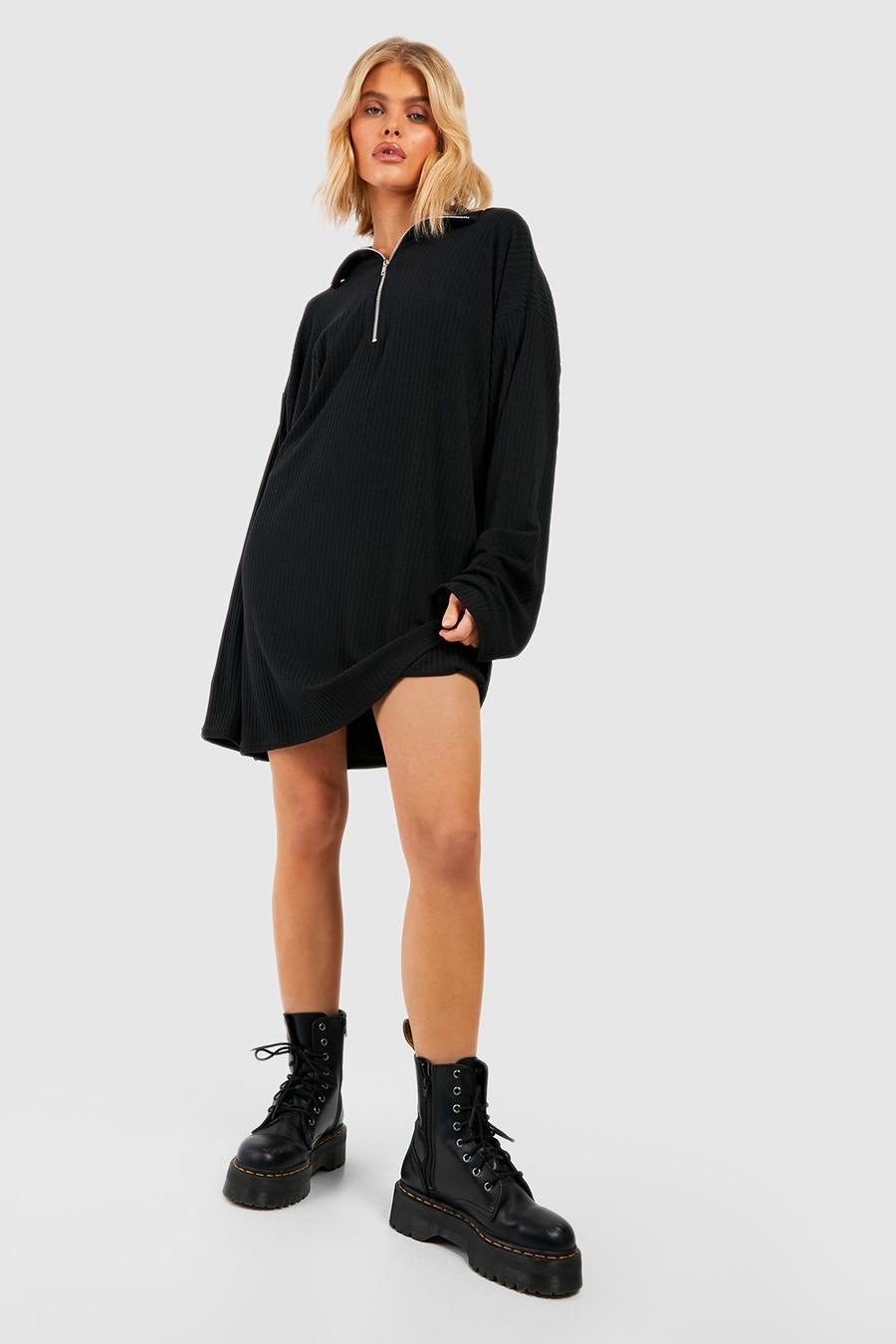 Black Soft Rib Half Zip High Neck Jumper Dress image number 1