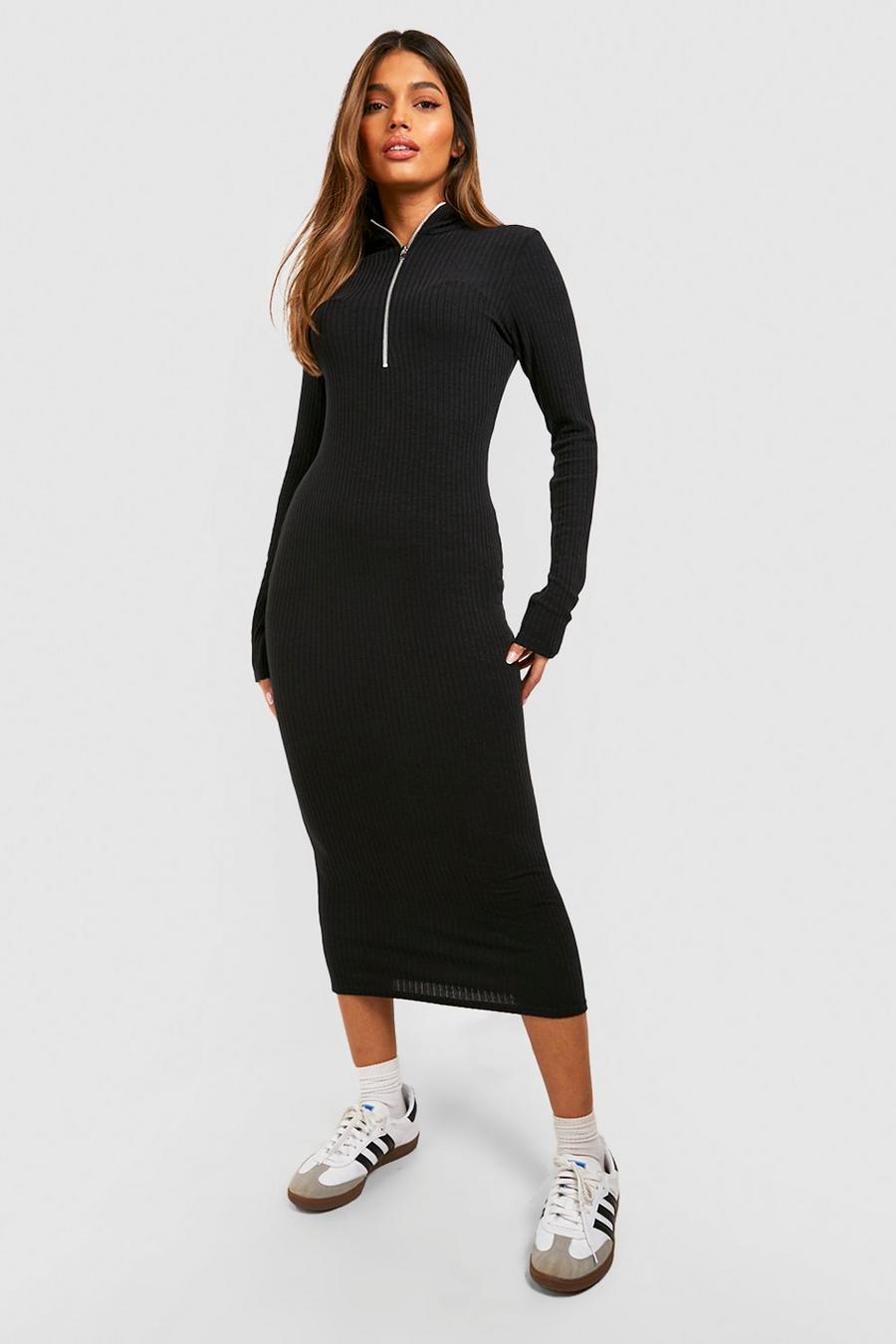 Black Soft Rib Half Zip Midi Dress image number 1