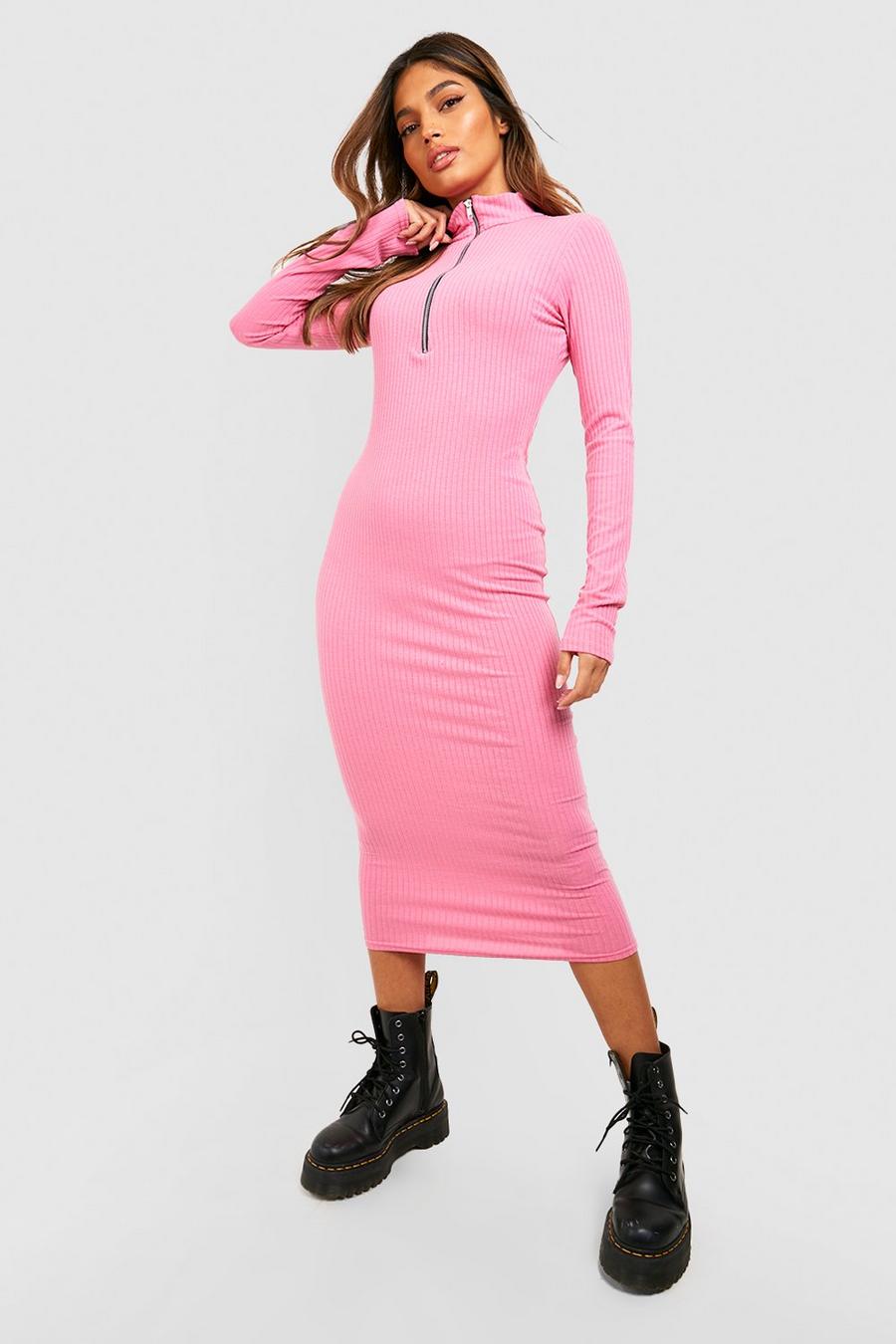 Pink Soft Rib Half Zip Midi Dress image number 1