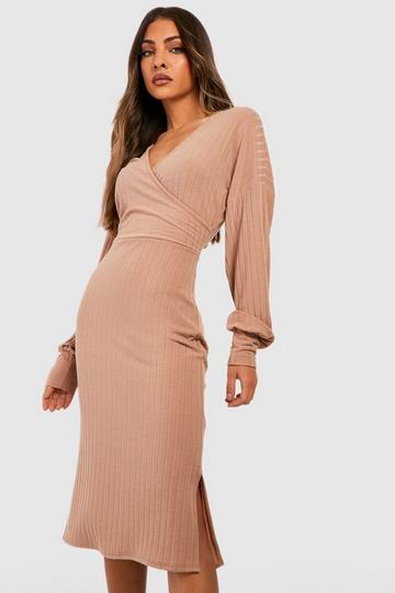 Stone Beige Chunky Rib Wrap Midi Dress