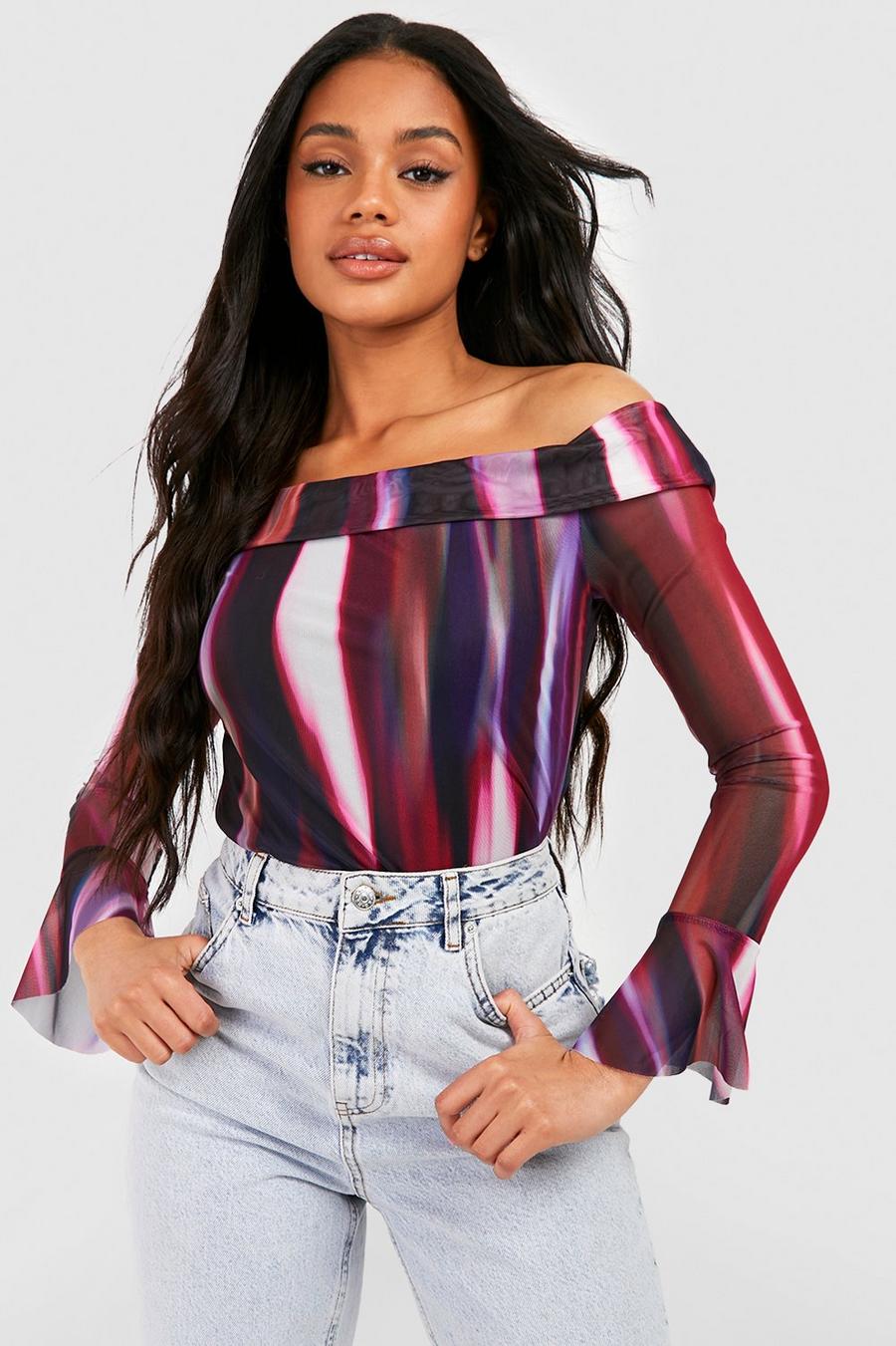 Multi Ombre Mesh Bardot Flare Sleeve Top  image number 1