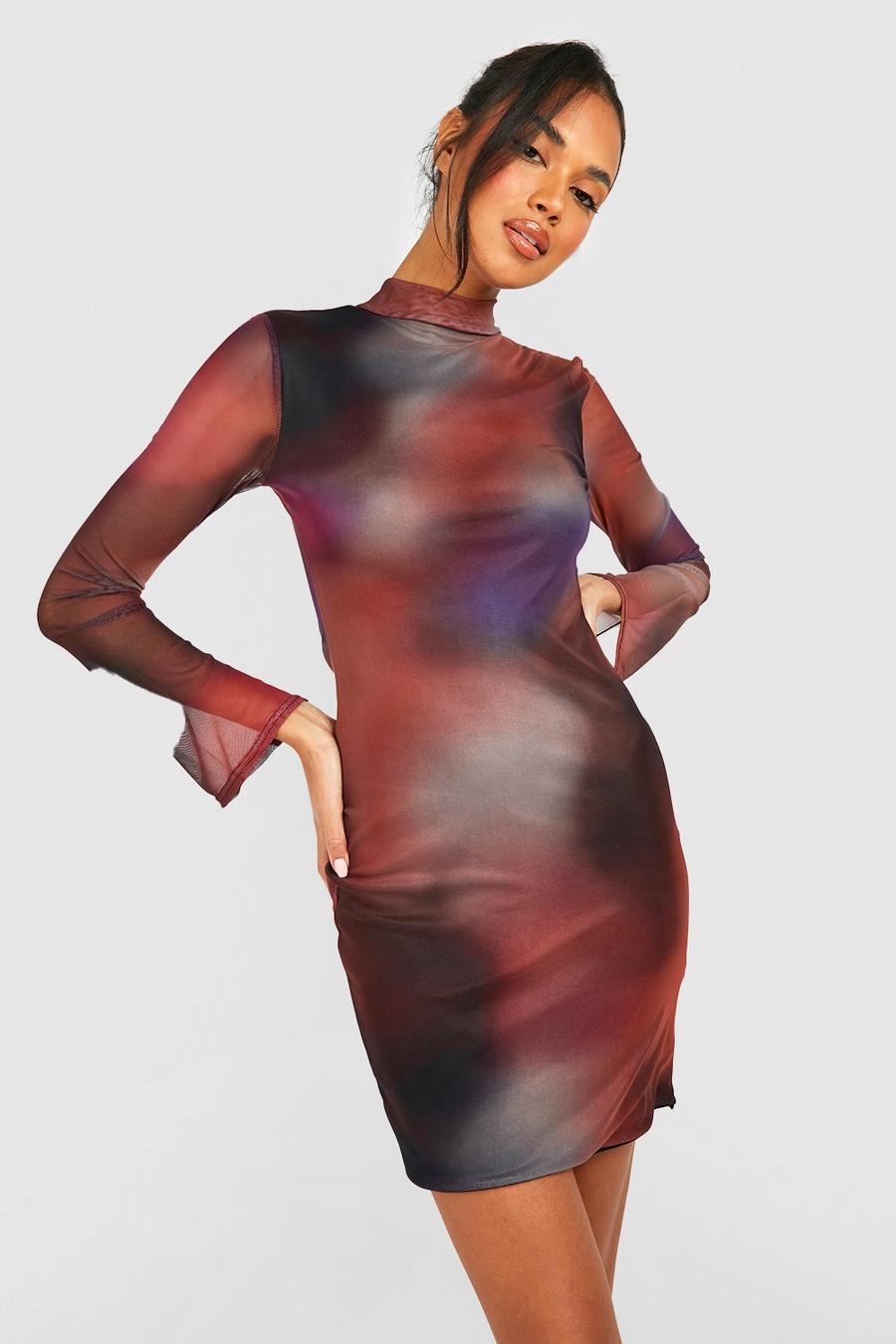 Multi Printed Mesh High Neck Bodycon Dress image number 1
