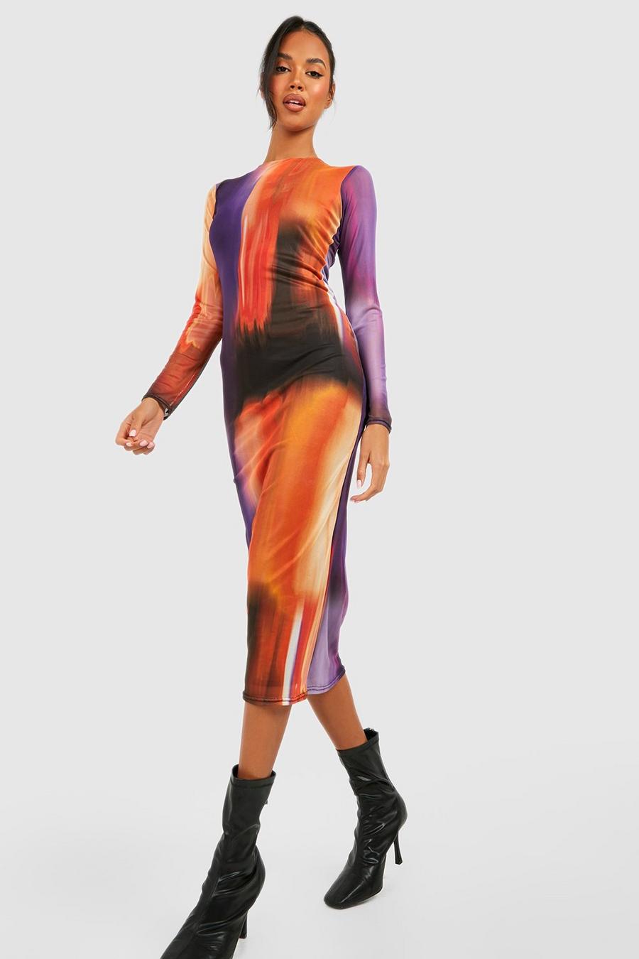Multi Ombre Mesh Long Sleeve Midi Dress image number 1