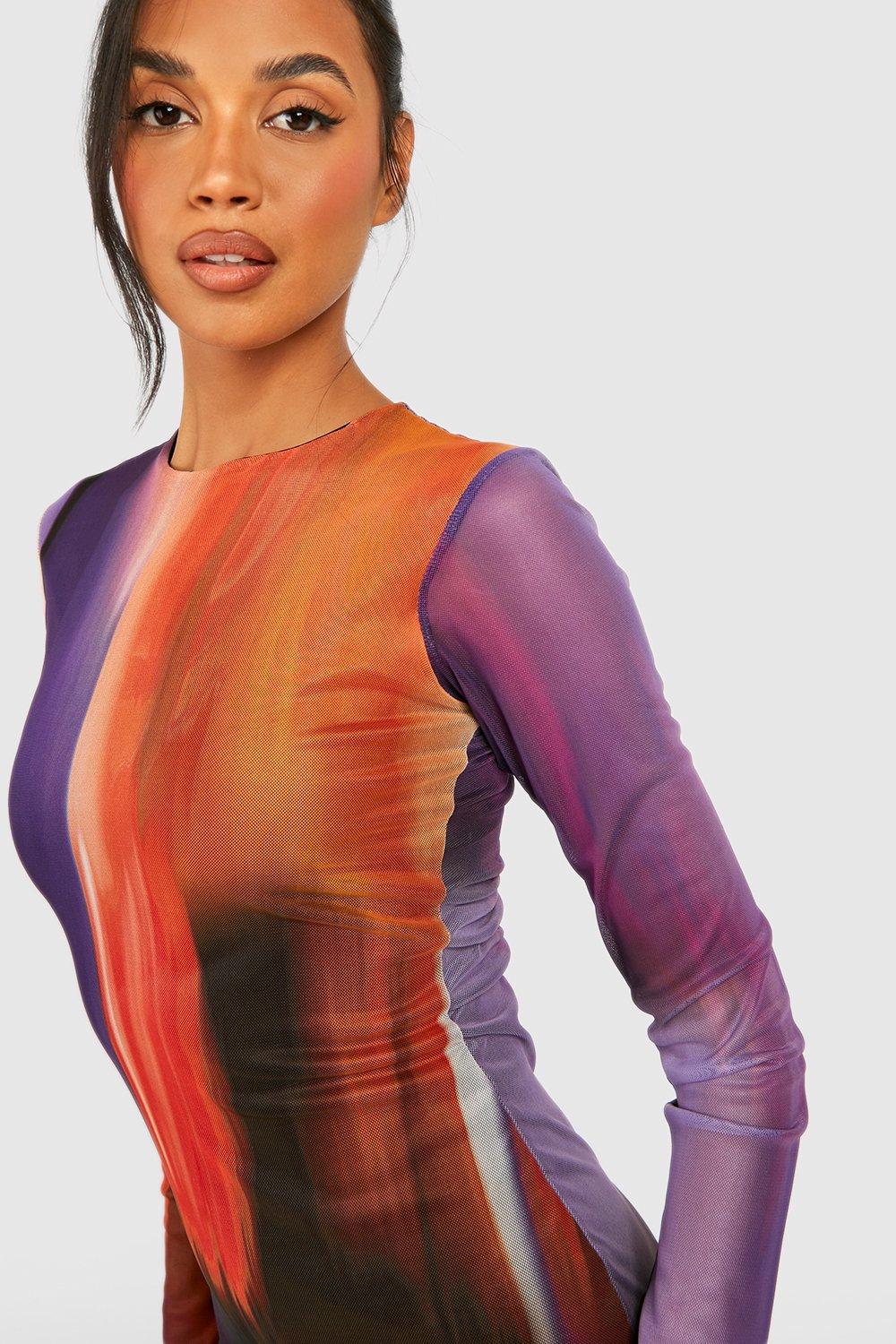 Long Sleeve Mesh Midi Dress In Multi Tie Dye | SilkFred