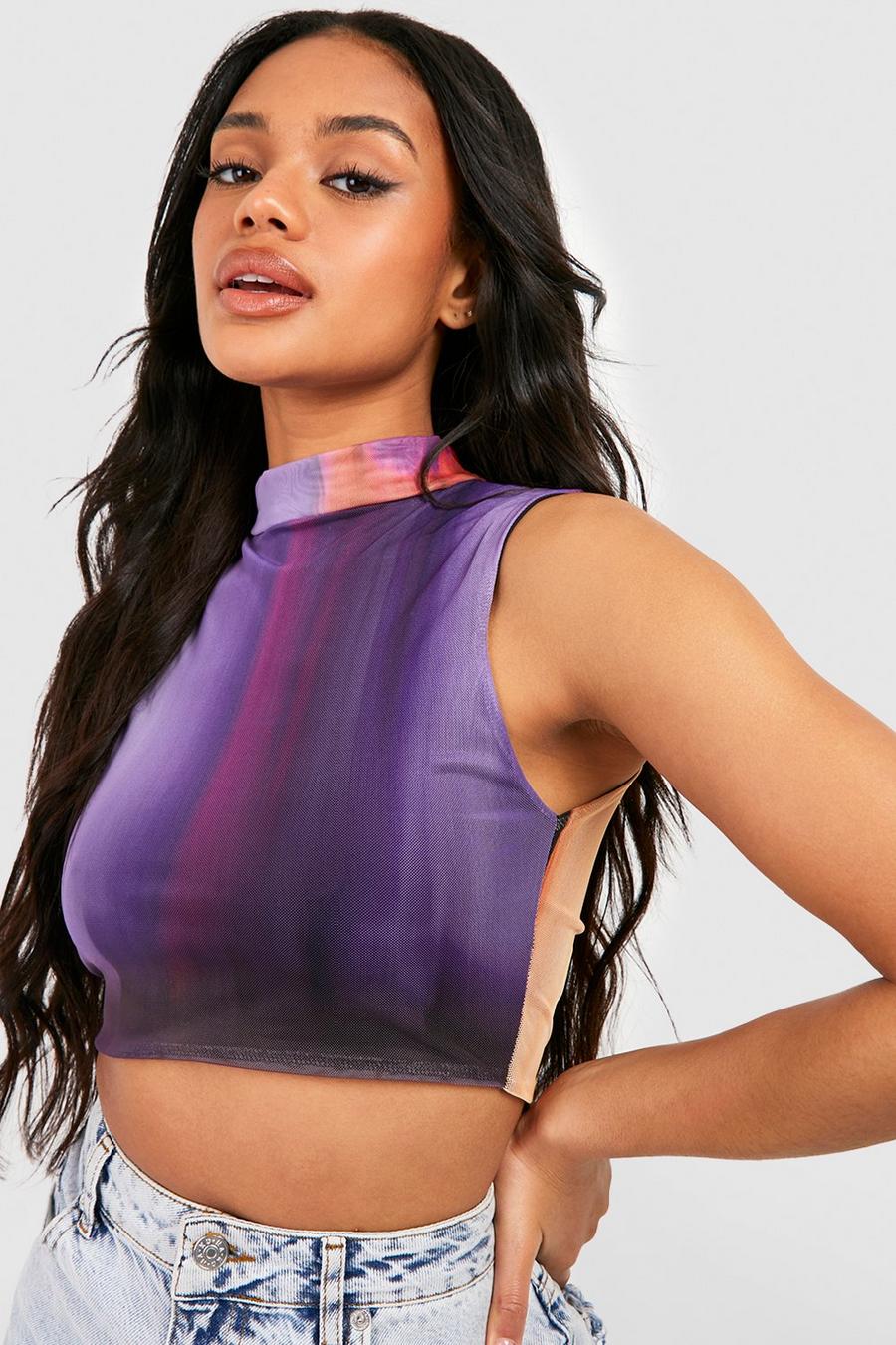 Multi Ombre Mesh High Neck Crop Top image number 1