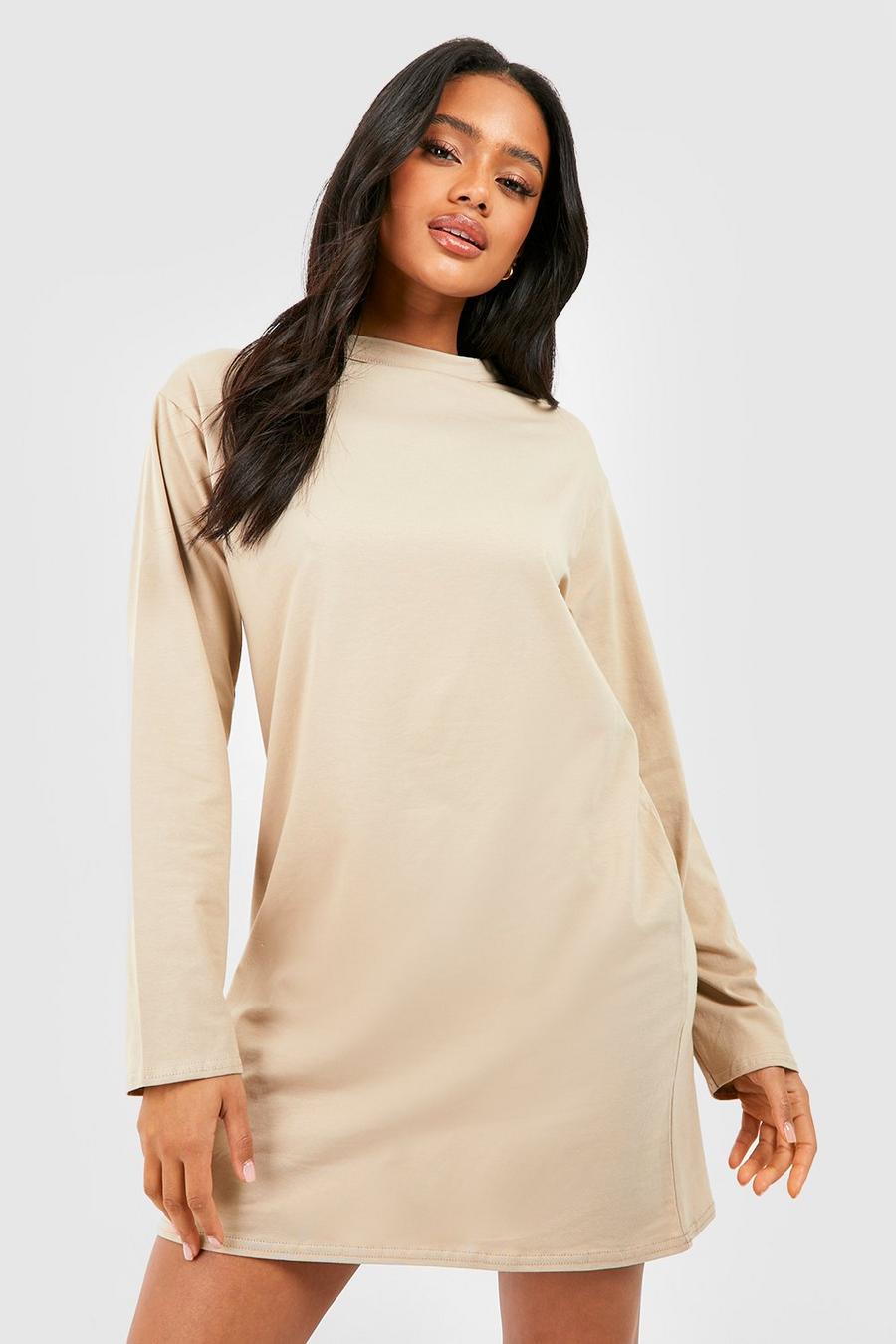 Cotton Blend Long Sleeve T-shirt Dress, Sand beis