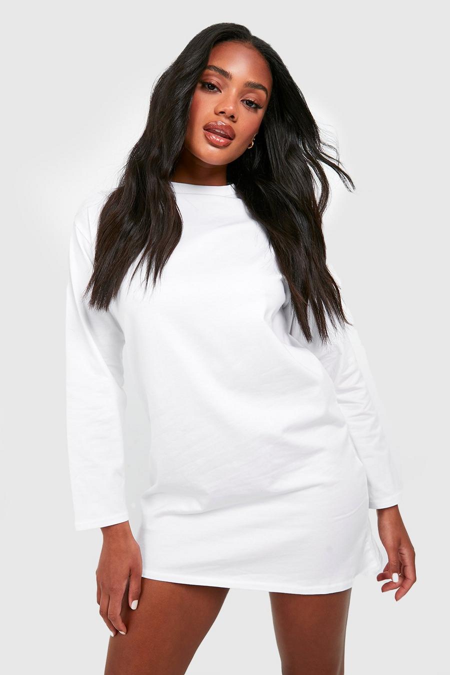 White Cotton Blend Long Sleeve T-shirt Dress image number 1
