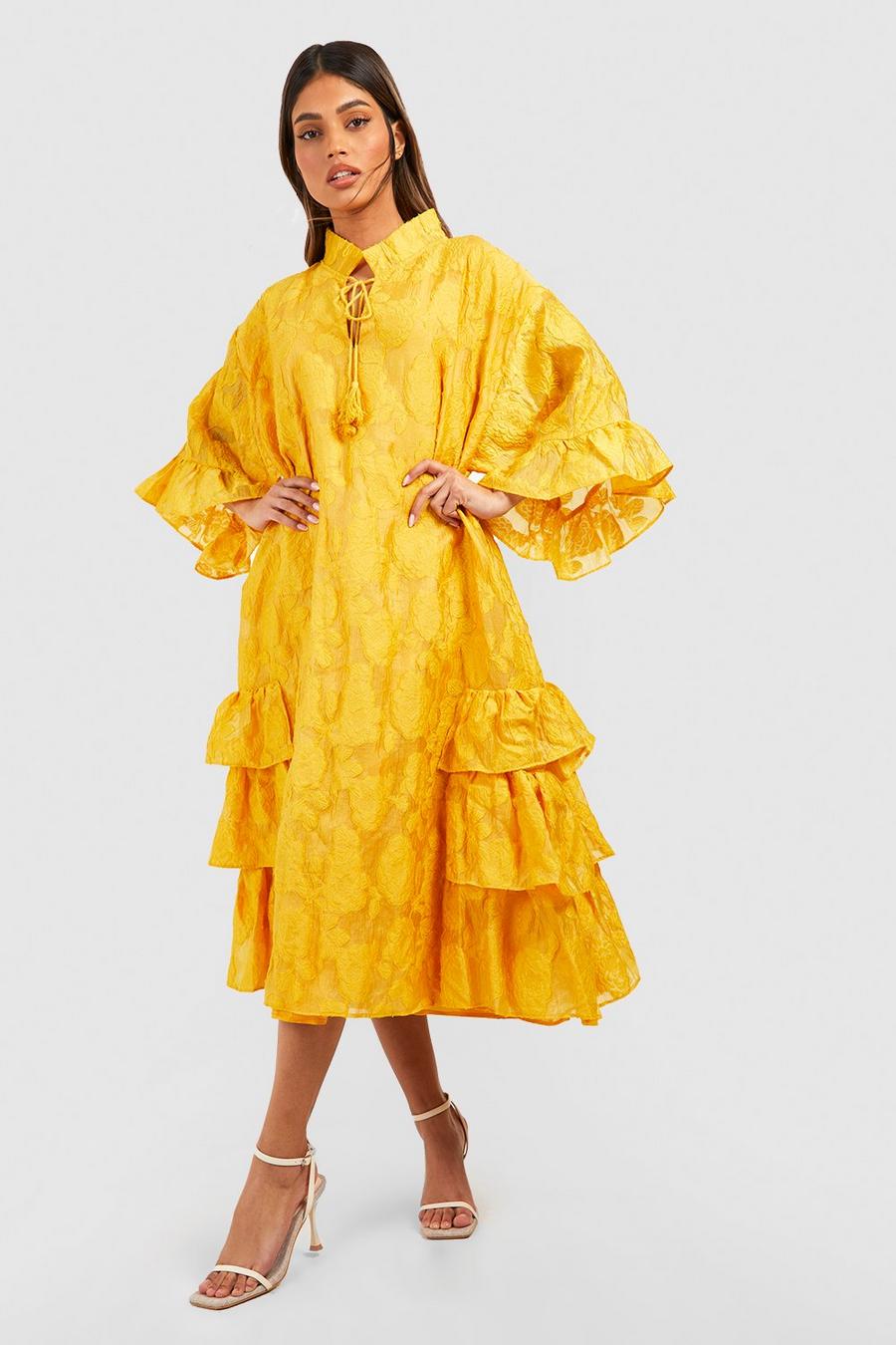 Mustard Textured Woven Ruffle Midi Smock Dress image number 1
