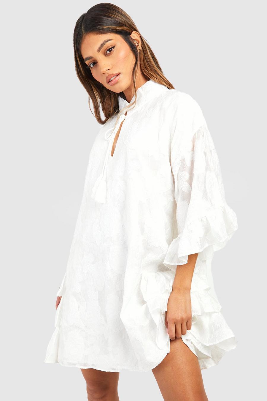 Cream Textured Woven Ruffle Smock Dress  image number 1