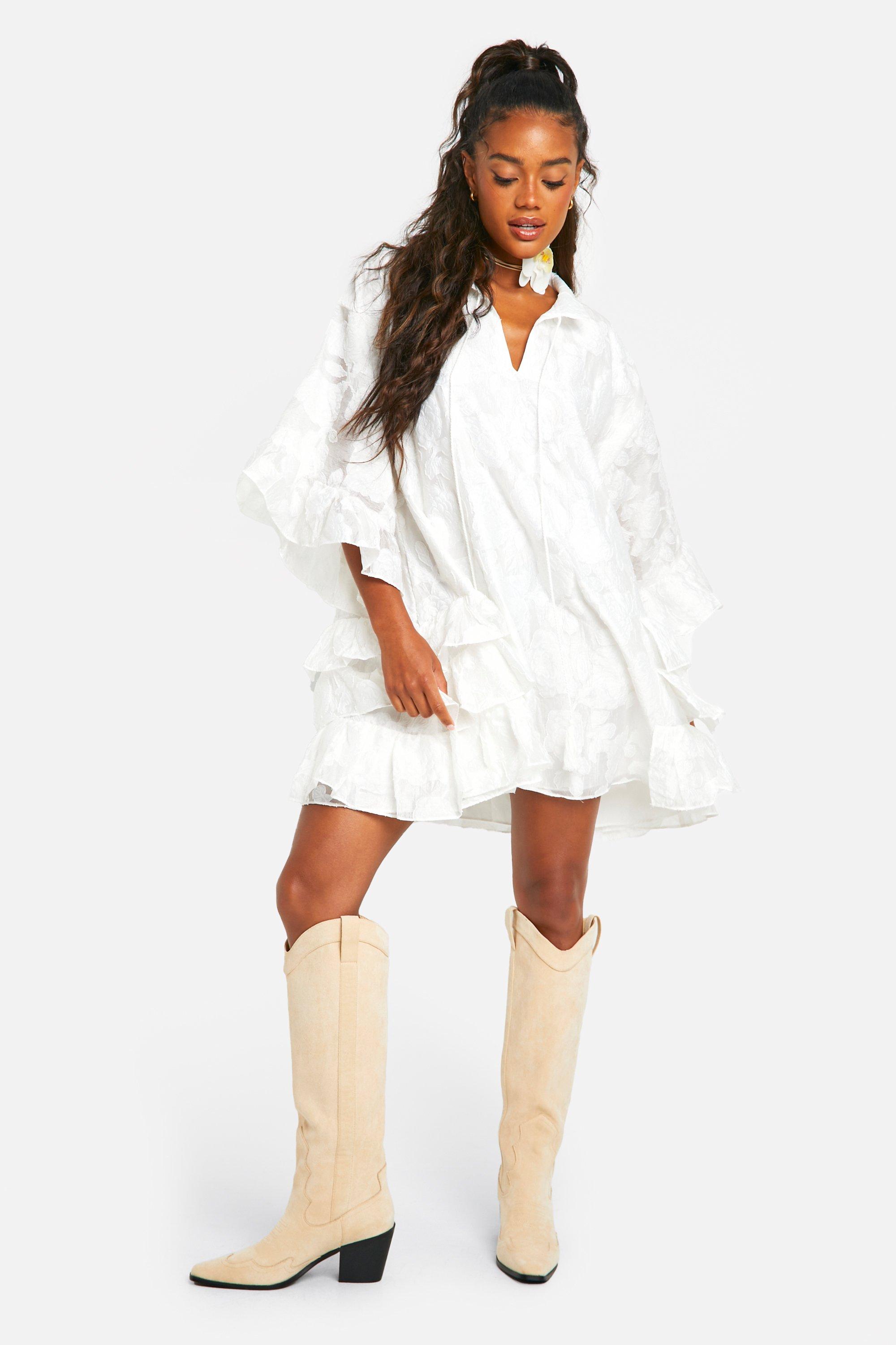 Women s Textured Woven Ruffle Smock Dress Boohoo UK