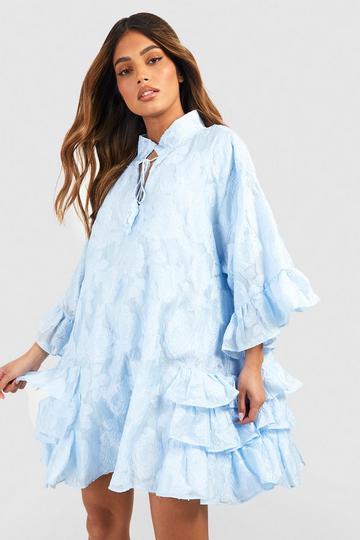 Blue Textured Woven Ruffle Smock Dress