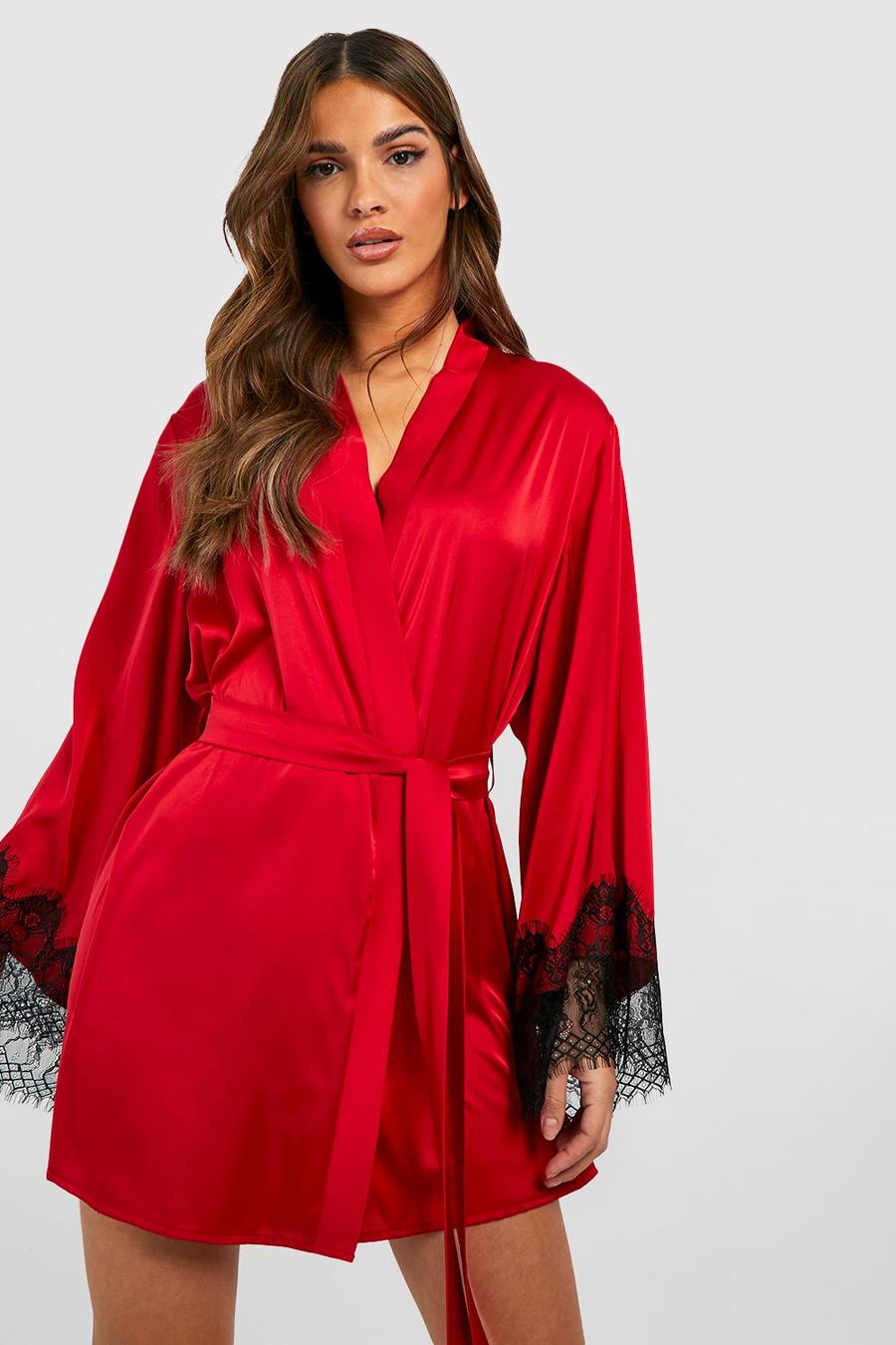 Red Lace & Satin Robe  image number 1