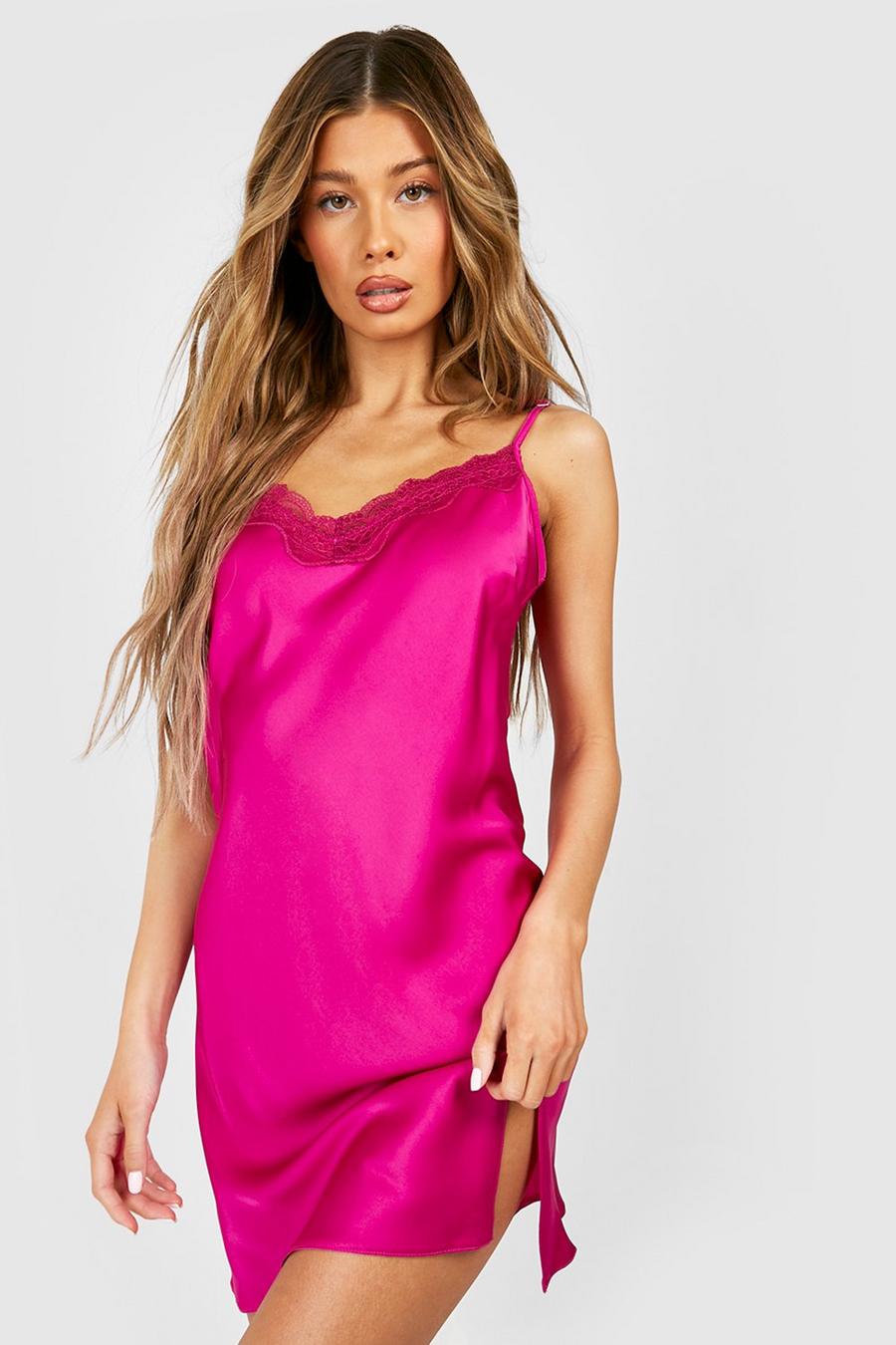 Magenta Lace Satin Sleep Nightgown image number 1