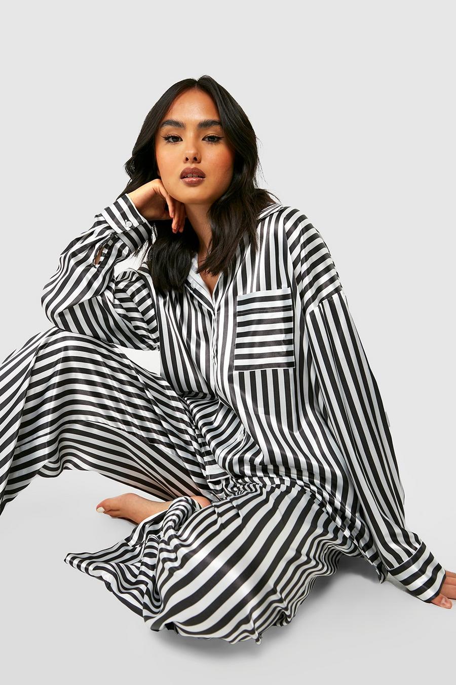Black_white Oversized Contrast Stripe Satin Pajama Shirt & Pants Set