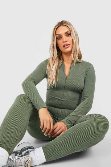 Plus Two Tone Rib Zip Unitard Jumpsuit khaki