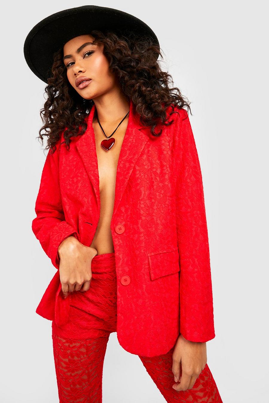 Red Lace Oversized Blazer image number 1