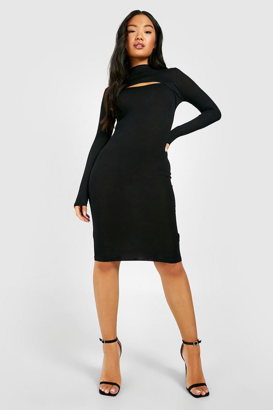 Black Petite High Neck Cut Out Midi Dress image number 1