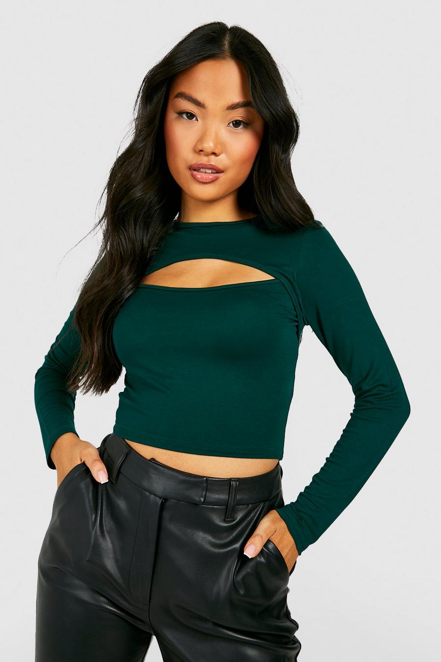 Green Petite Racer Neck Keyhole Long Sleeve Top image number 1