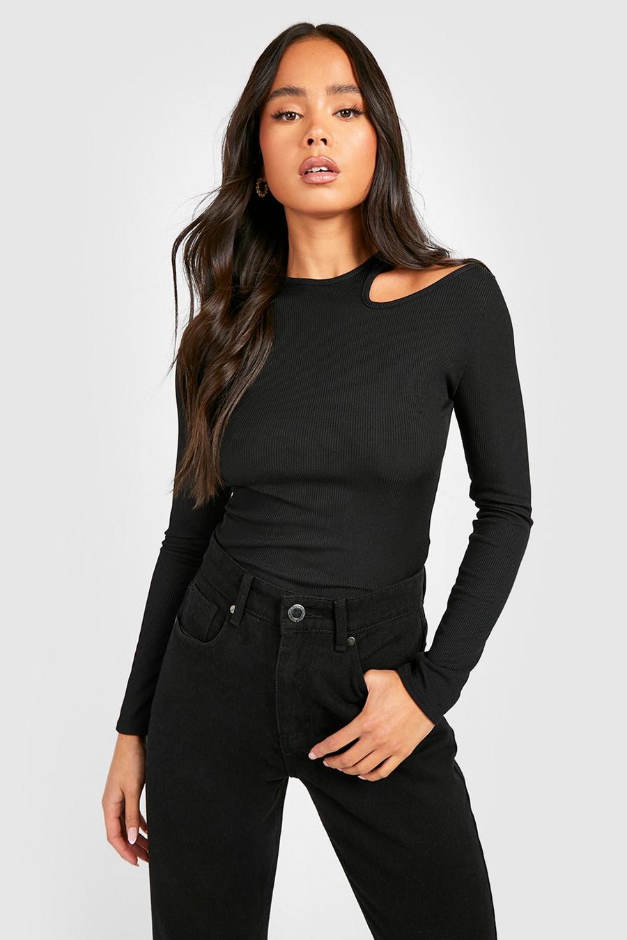 Black Petite Rib Cut Out Neck Top image number 1