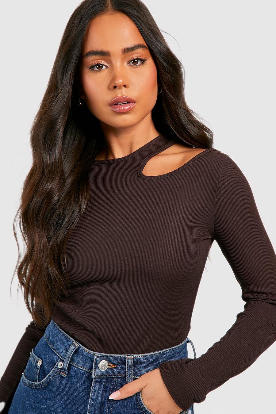 Chocolate Petite Rib Cut Out Neck Top image number 1