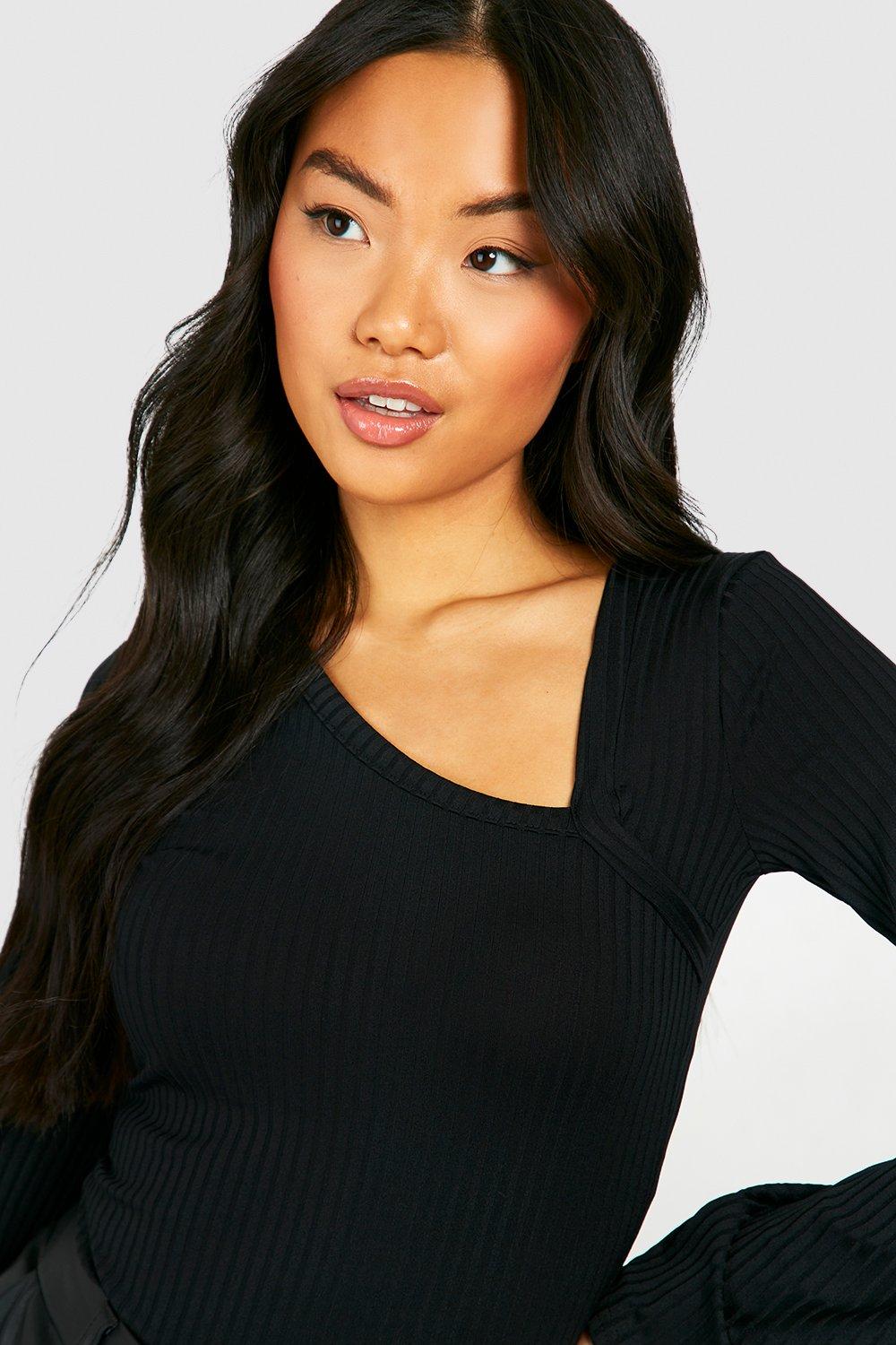 Black Petite Rib Asymmetric Flare Sleeve Top