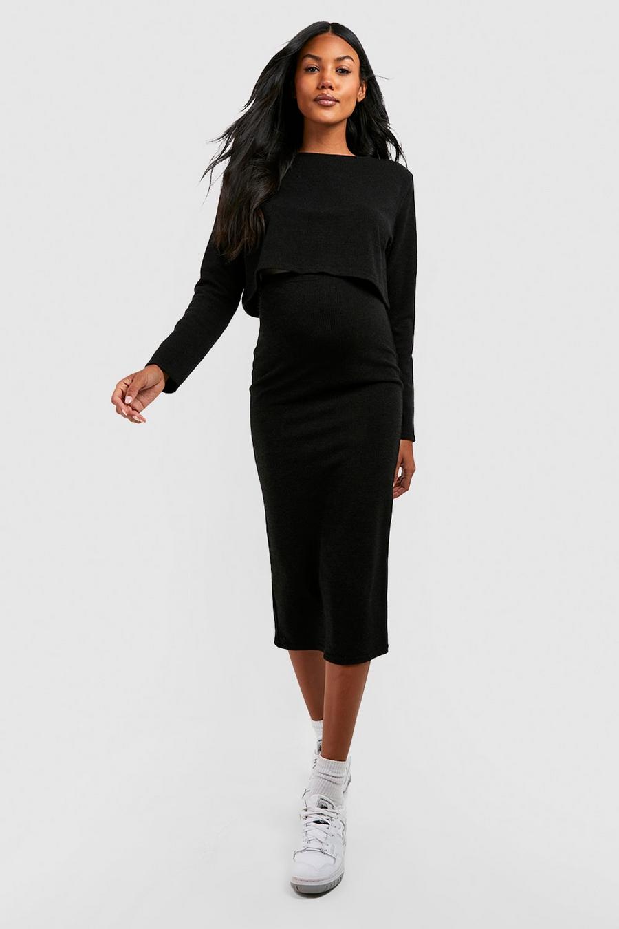 Black Maternity Soft Knit Midaxi Skirt Co-ord image number 1