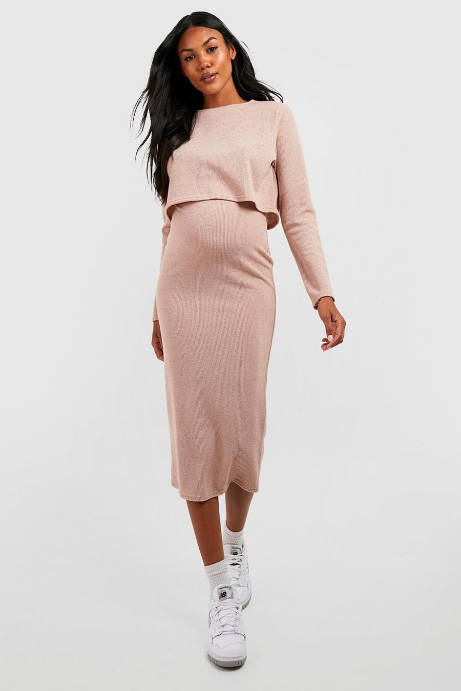 Maternity Soft Knit Midaxi Skirt Co-ord, Camel beige