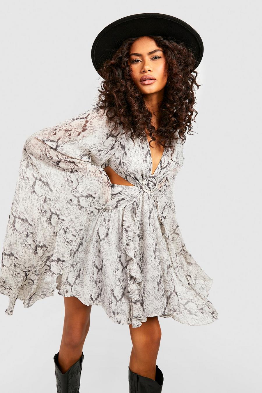 Grey Cut Out Printed Skater Dress 