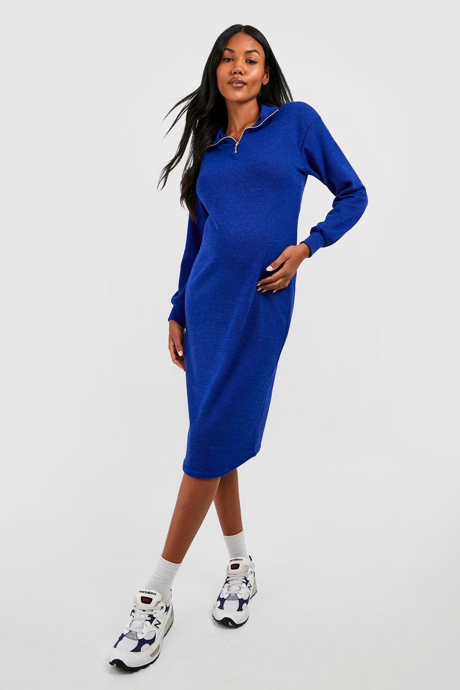 Cobalt blue Maternity Zip Neck Soft Knit Midi Dress